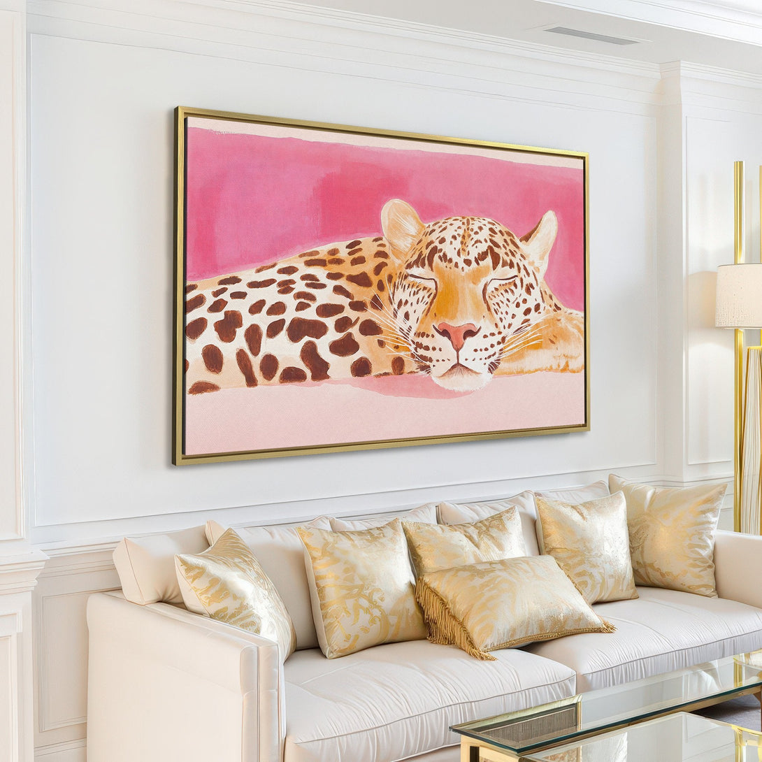 Canvas Print of a sleeping leopard in a modern interior. Watercolor style art with pink and brown tones. Enhance your home decor!