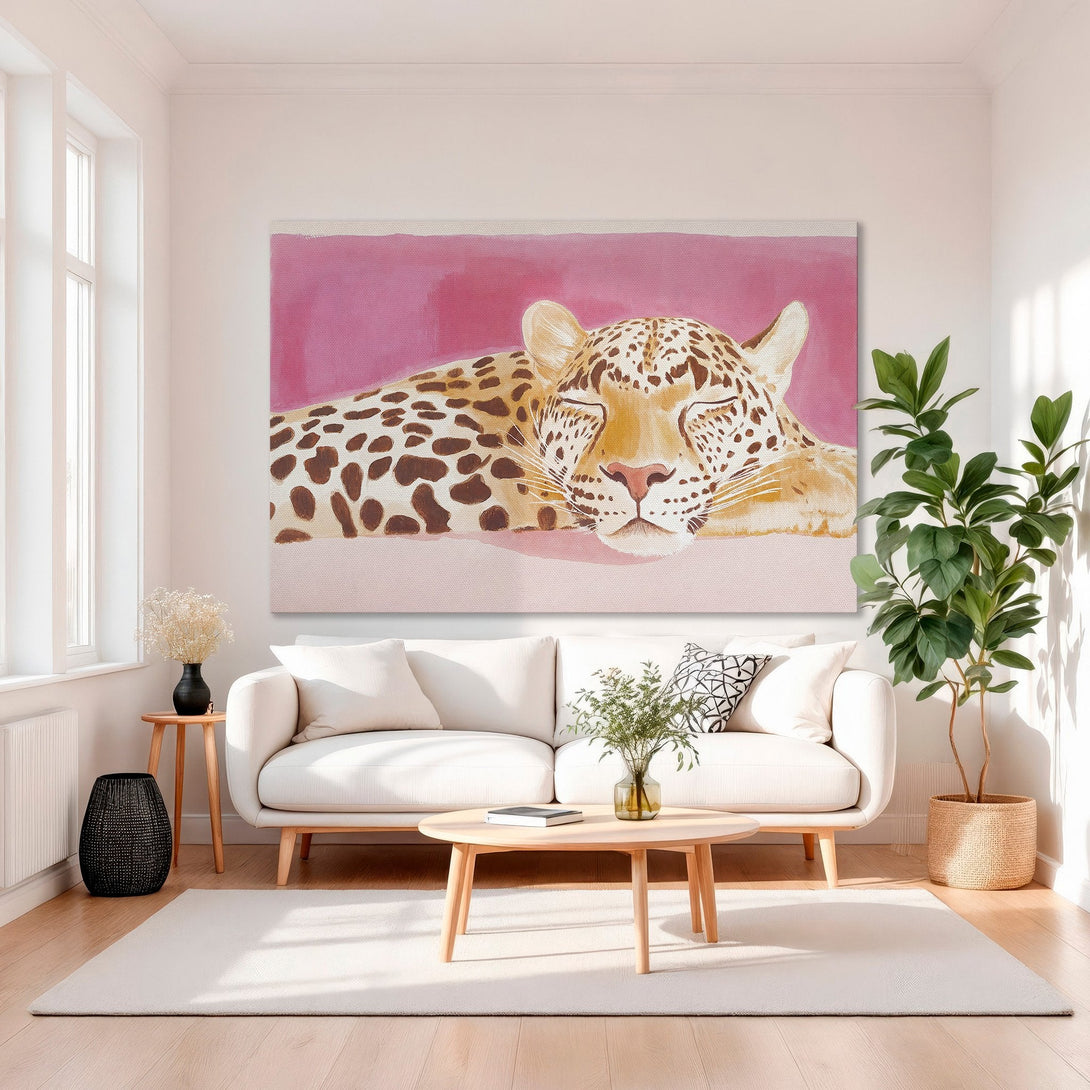 Framed Wall Art: Watercolor leopard print in pink and brown, a stylish accent for any space. Adds a touch of elegance with a modern twist.