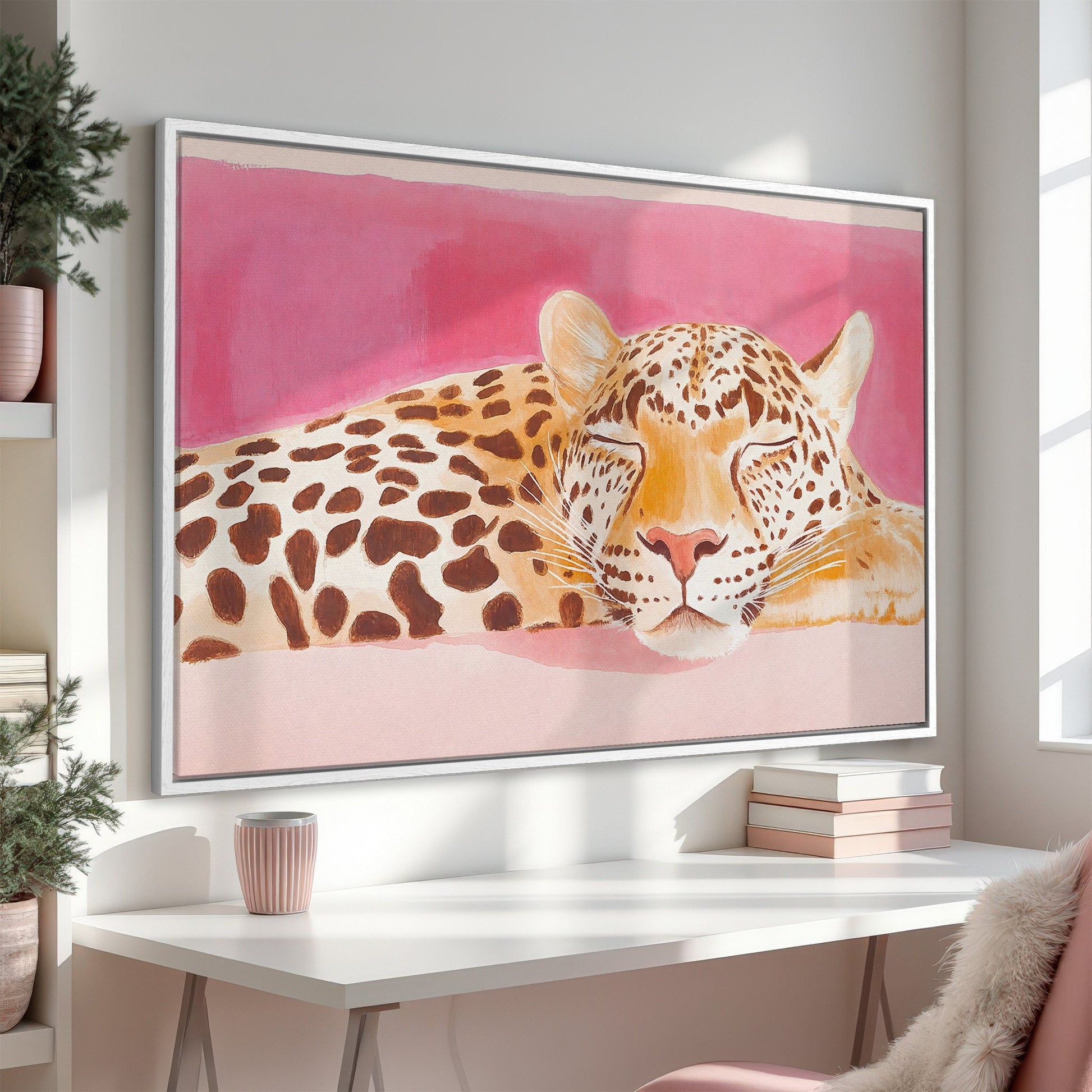 Pink Leopard Animal Canvas Print Bohemian Art