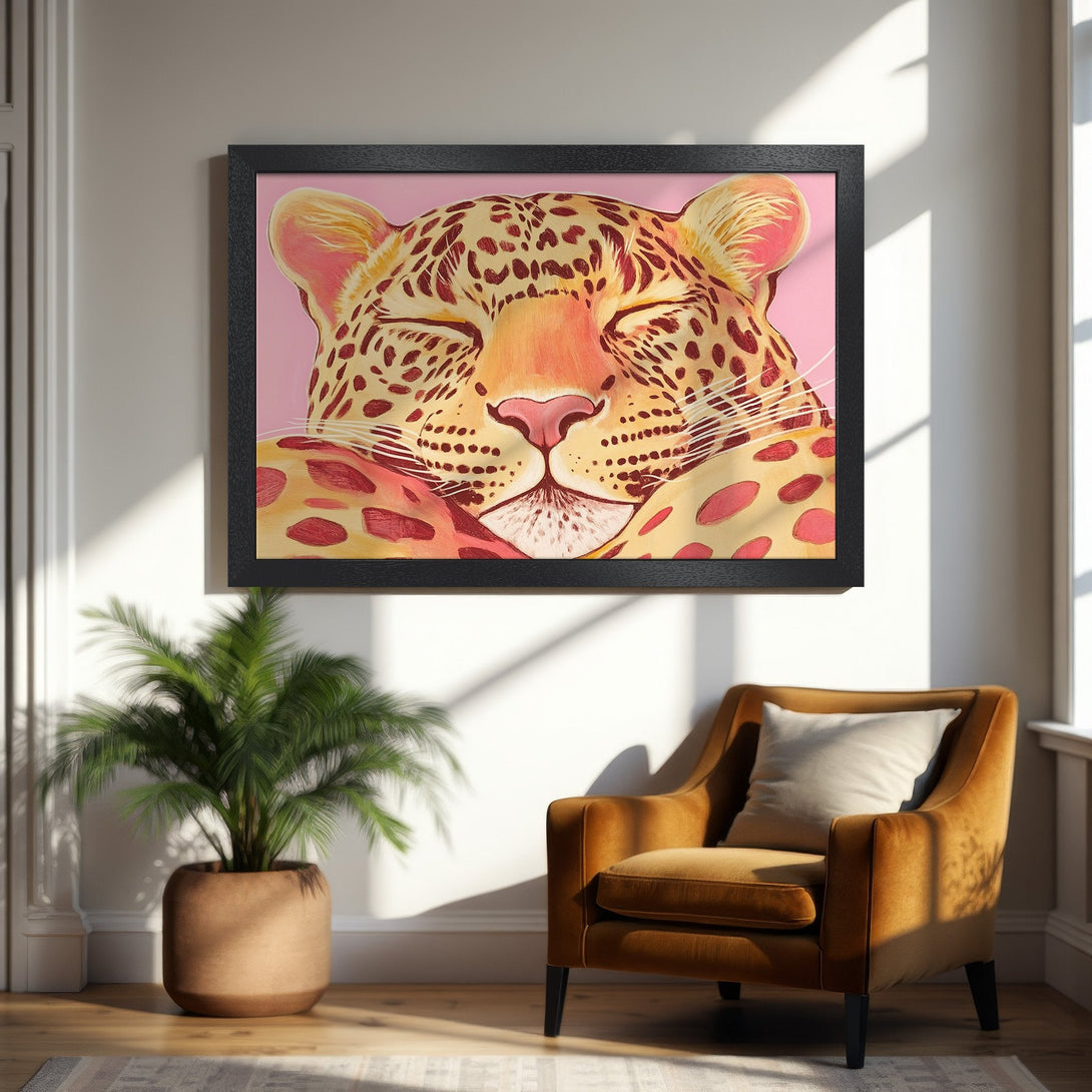 Framed Poster featuring a sleeping leopard in a pop art style with pink, yellow, and brown tones. Perfect wall art for your space!