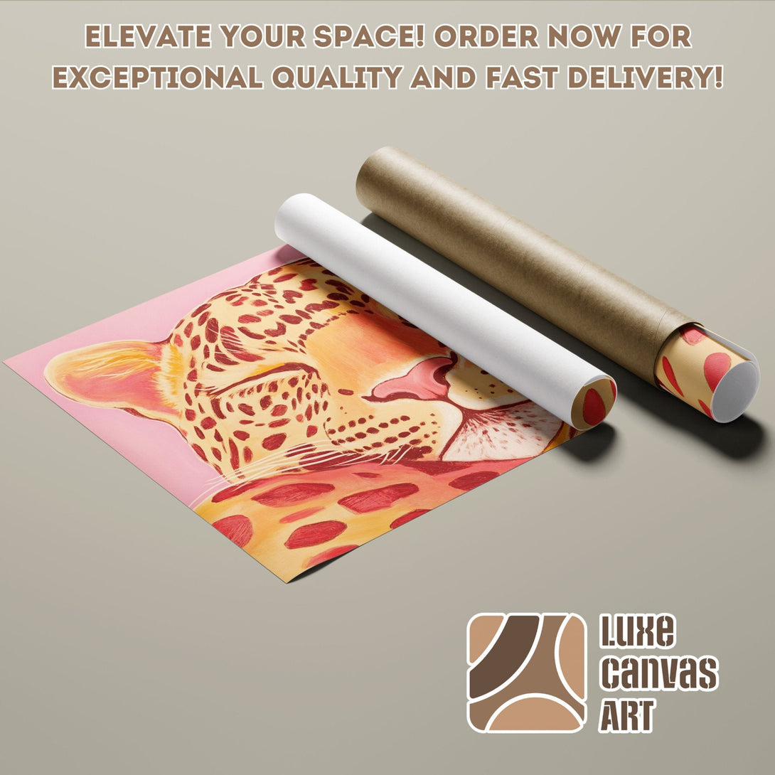 Leopard Poster Roll in warm tones. Modern art print with pink, orange, and brown palette. Elevate your space!