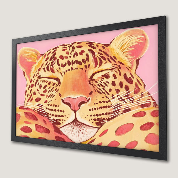 Framed Poster featuring a sleeping leopard. Pop art style with pink, yellow, and red color palette. Perfect wall art for any room.