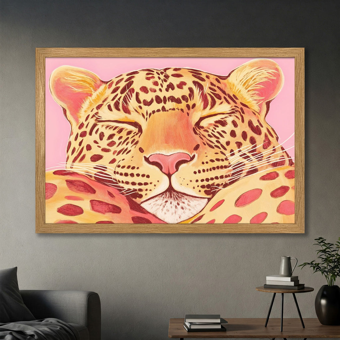 Framed Poster of a sleeping leopard in a pop art style with pink and warm tones. Perfect wall art to add a touch of wild elegance.