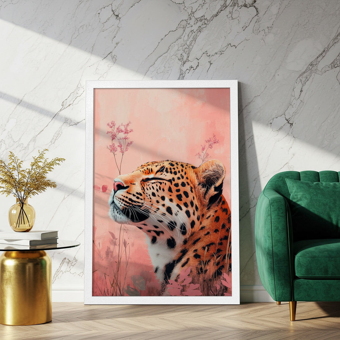 Framed Poster featuring a leopard in a soft, painterly style. Warm, earthy tones with a touch of pink. Perfect wall art!