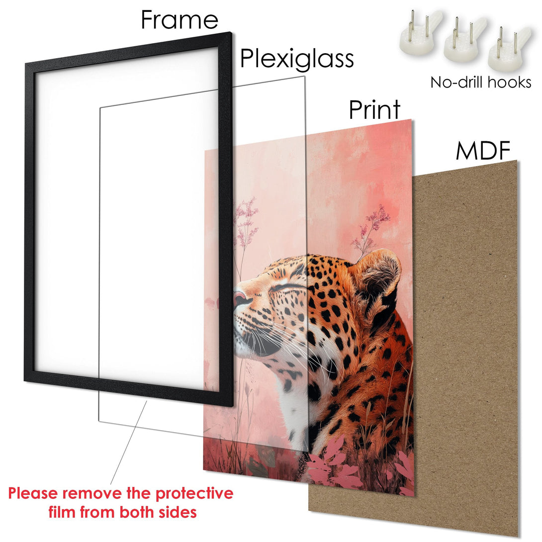 Framed Poster featuring a leopard in a painterly style with a warm, pink and orange palette. Add art to your space!