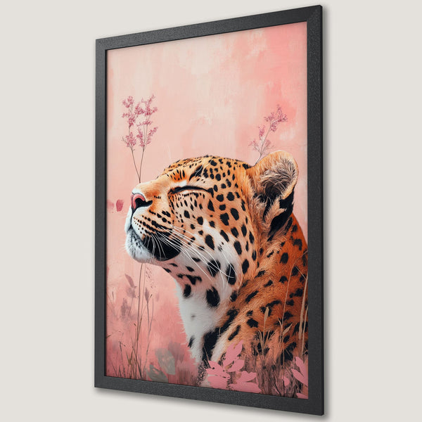 Framed Poster of a leopard in a soft, painterly style with a pink and orange color palette, perfect wall art.