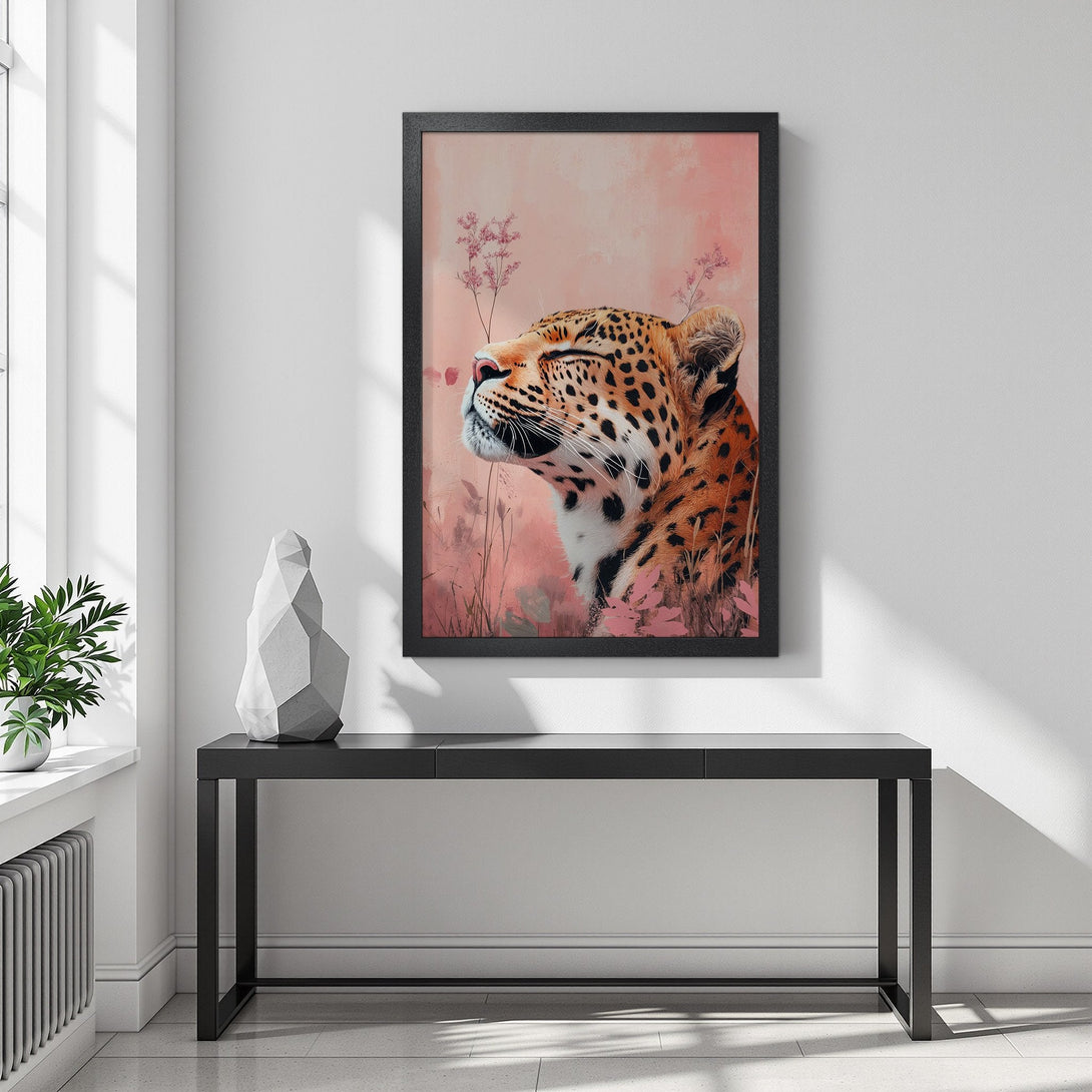 Framed Poster featuring a leopard with a pink and orange color palette, perfect for adding a touch of wild elegance to your home decor.