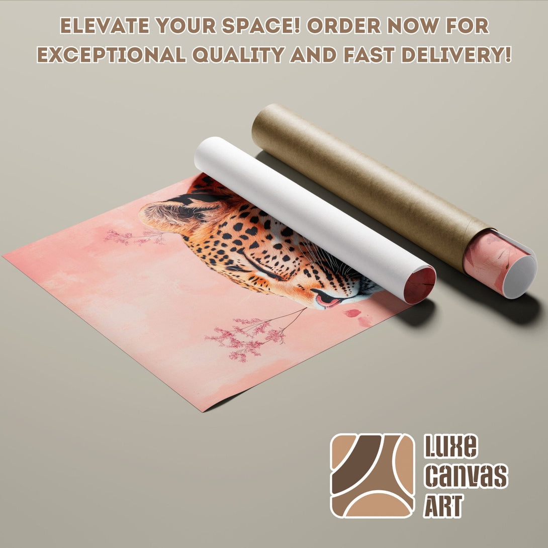 Leopard Poster Roll art in pink & brown tones. Elevate your space with Luxe Canvas Art.