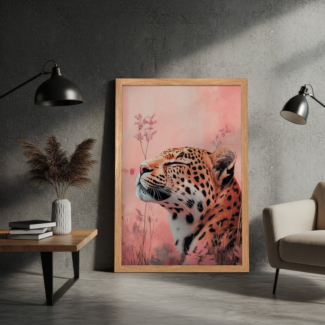Framed Poster featuring a leopard illustration in a soft, pink and orange color palette. Adds a touch of wild elegance to any space.