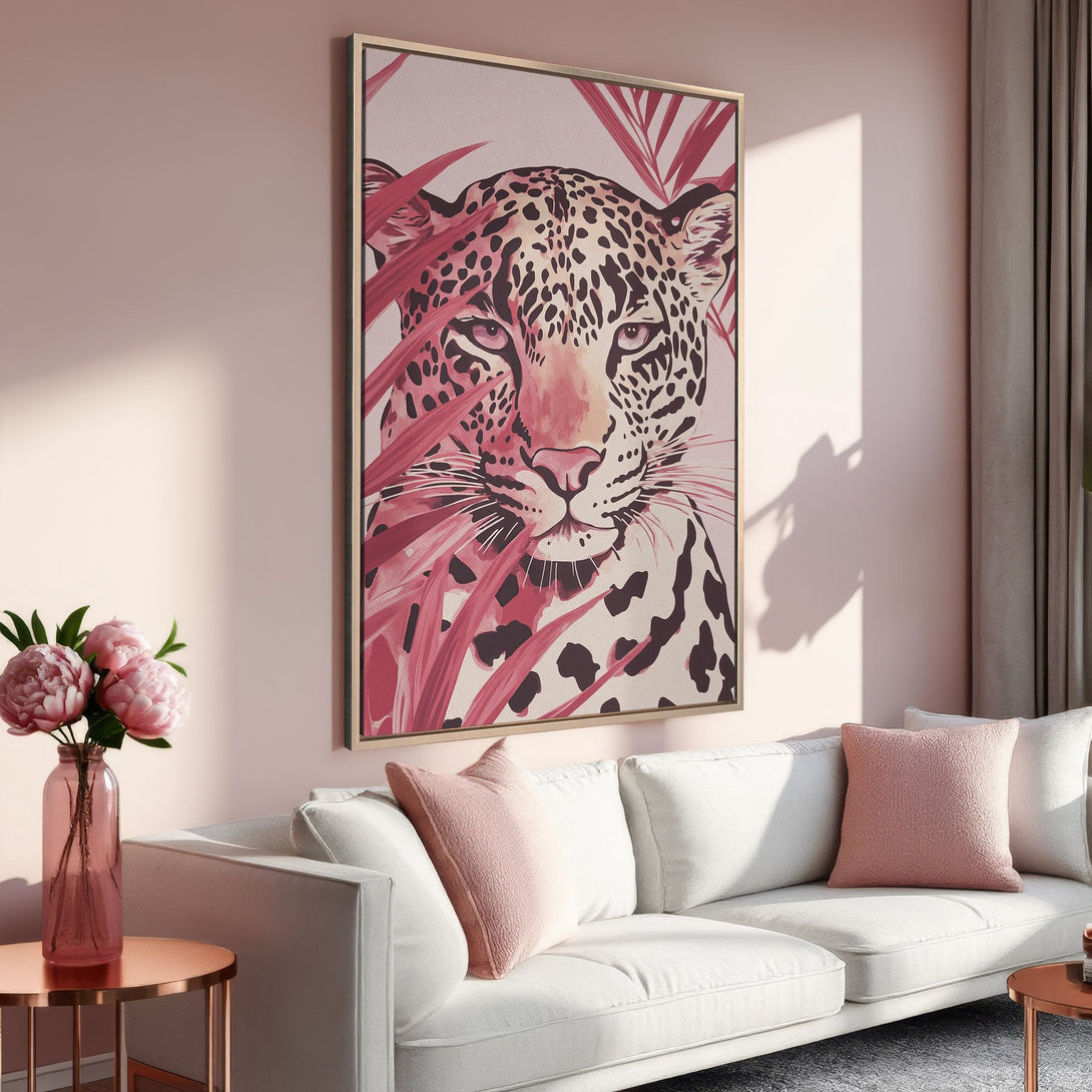 Framed Wall Art: Watercolor leopard portrait in pink and neutral tones. Modern art for living room decor. Add a touch of wild to your home!