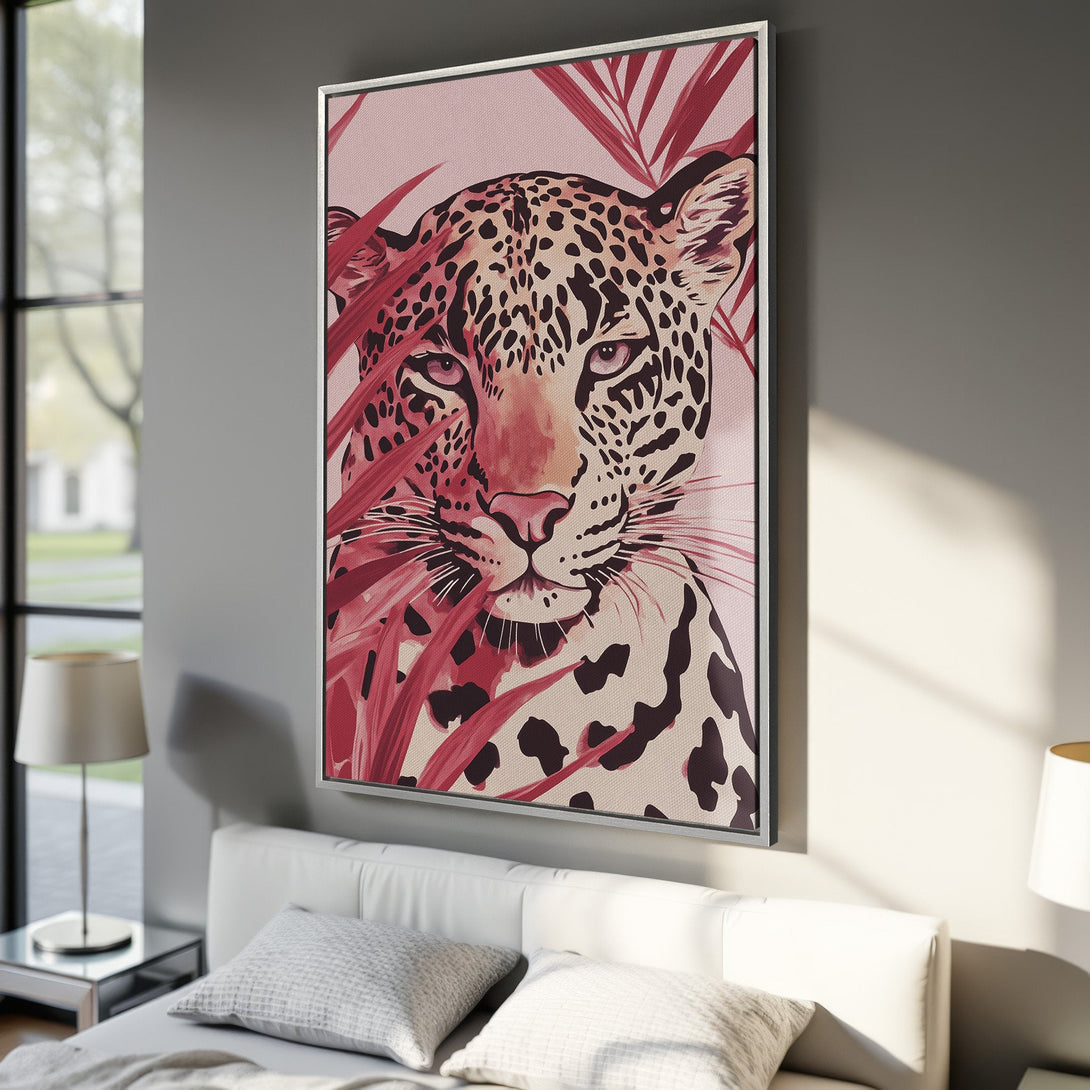 Framed Wall Art featuring a bold leopard portrait with red accents. Modern art in a bedroom setting. Adds a touch of wild elegance.
