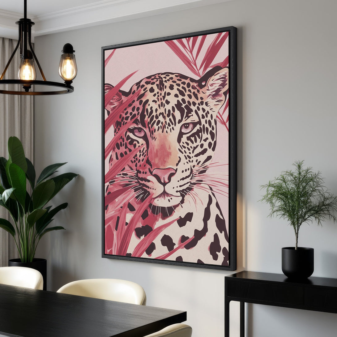 Framed Wall Art featuring a stylish leopard portrait in pink and neutral tones. Perfect for adding a touch of modern art to your home decor.