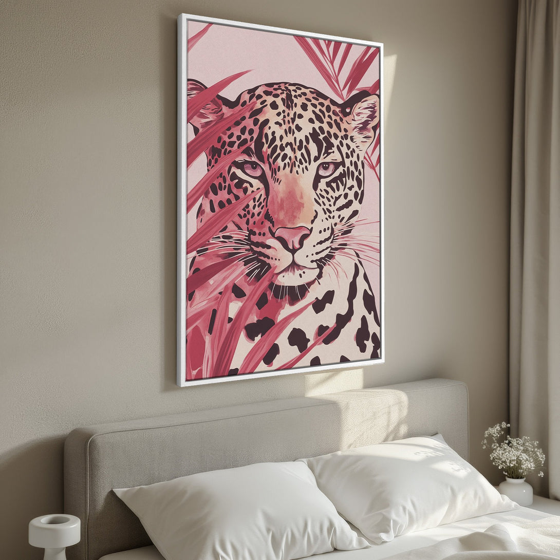 Framed Wall Art: Stunning leopard print canvas art in pink and black. Modern style, perfect for bedroom decor. Add a touch of wild elegance!