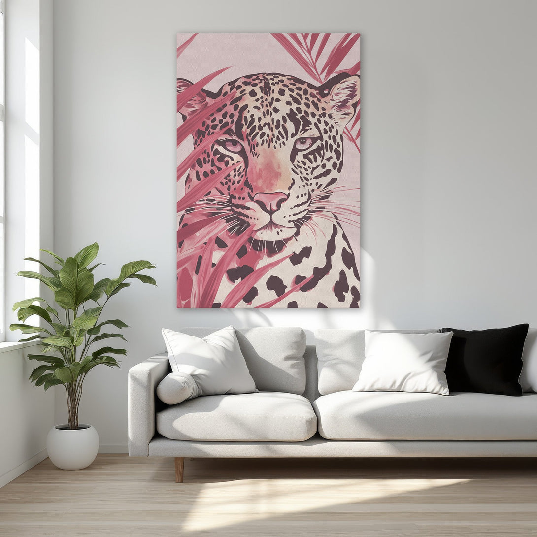 Framed Wall Art: Leopard portrait in pink and brown tones. Add a touch of wild elegance to your space with this stunning Canvas Print!