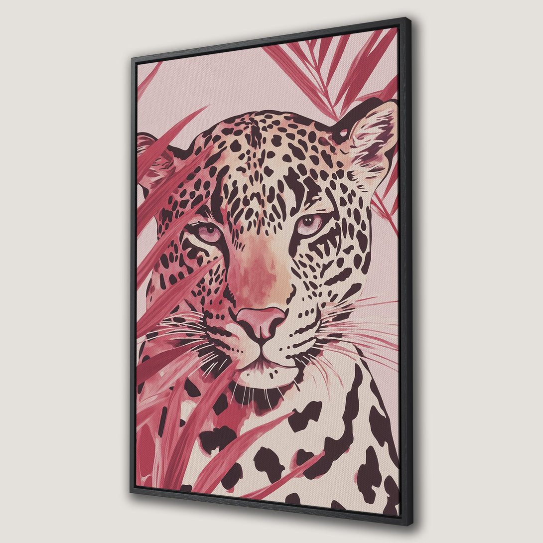 Framed Wall Art featuring a leopard portrait in a modern, botanical style. Pink and burgundy color palette. Perfect for adding a touch of elegance to your space.