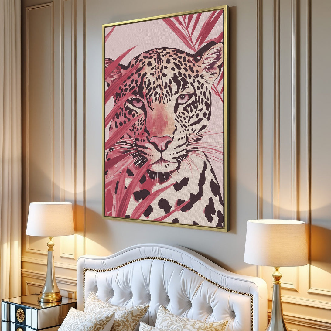 Canvas Print of a leopard with pink accents, modern art style, displayed in a living room. Features a neutral color palette.