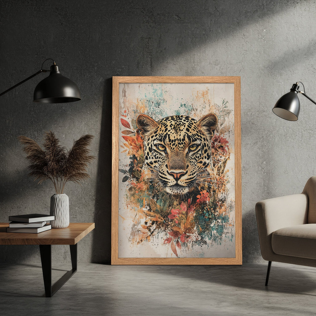 Framed Poster featuring a leopard portrait in watercolor style. Earthy tones with pops of teal and orange. Perfect wall art for your home!