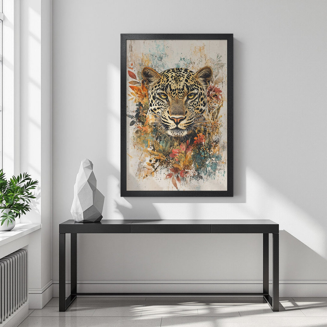 Framed Poster featuring a leopard with watercolor style and warm earth tones, perfect for modern decor.