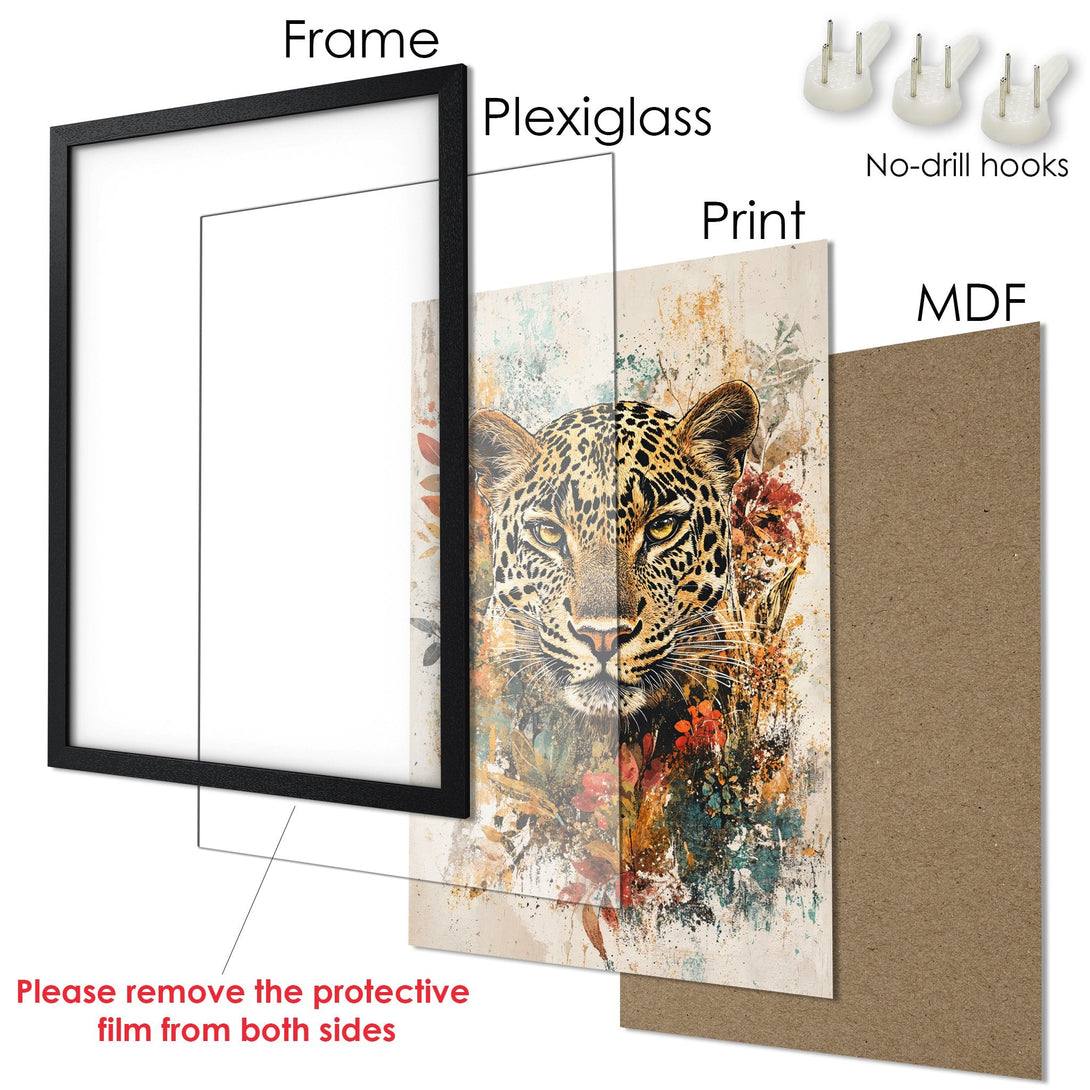 Framed Poster featuring a leopard in an artistic style with a neutral and warm color palette. Perfect wall art!