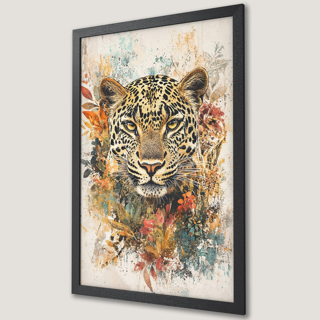 Framed Poster featuring a leopard portrait in watercolor style with warm, earthy tones. Perfect wall art for any room!