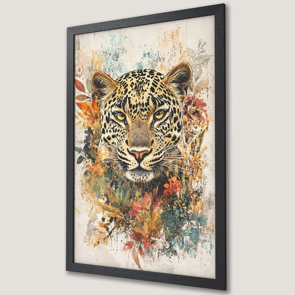 Framed Poster featuring a leopard portrait in watercolor style with warm, earthy tones. Perfect wall art for any room!