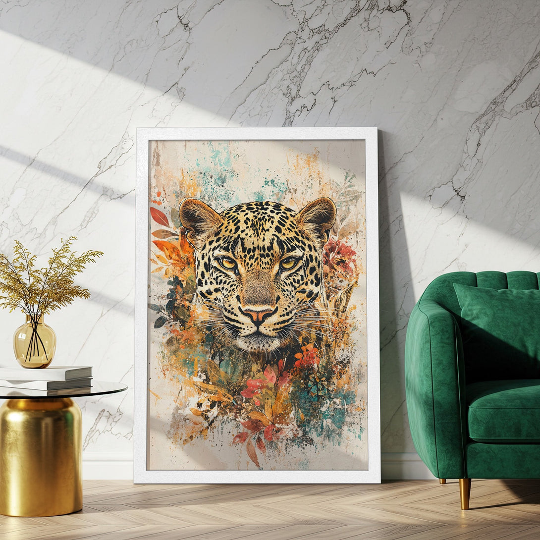 Framed Poster featuring a stunning leopard portrait in an artistic style with a warm color palette. Perfect wall art!