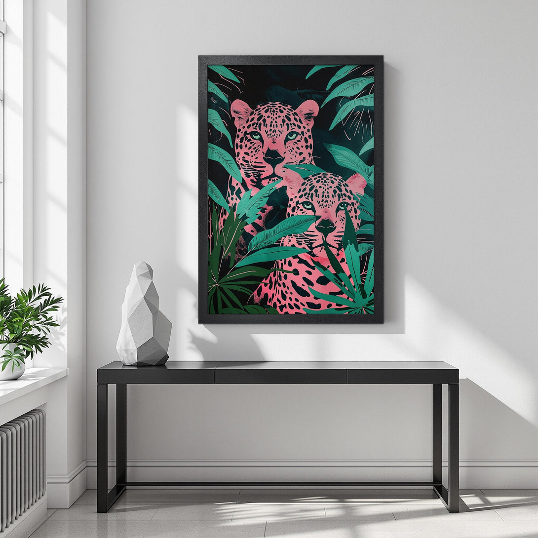 Framed Poster featuring leopards in jungle style, pink and teal color palette, perfect wall art for your home.