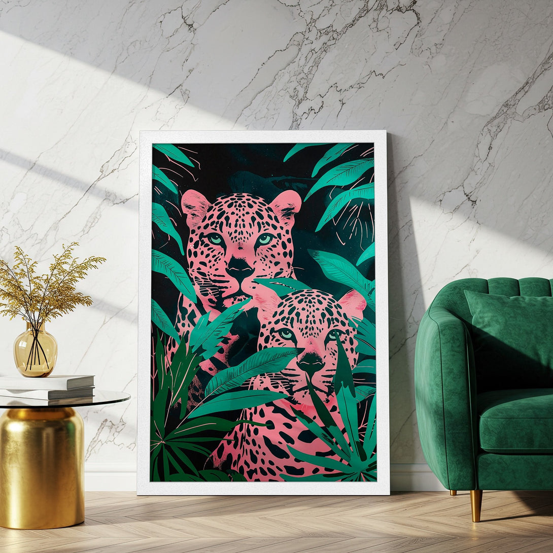 Framed Poster featuring a vibrant pink leopard design with tropical foliage. Modern art style with a bold pink and green color palette.
