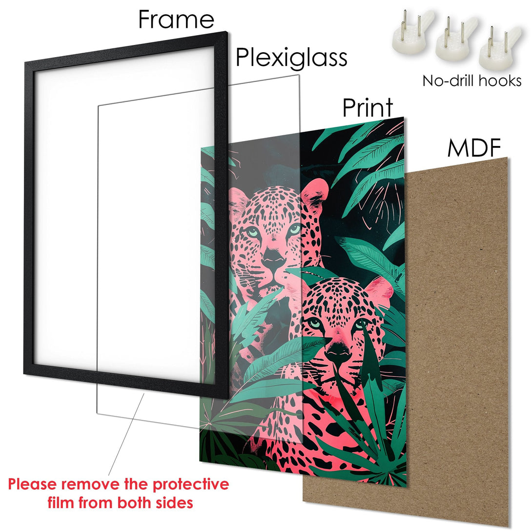 Framed Poster featuring leopard art in pink and green, perfect for adding a pop of color to your space!