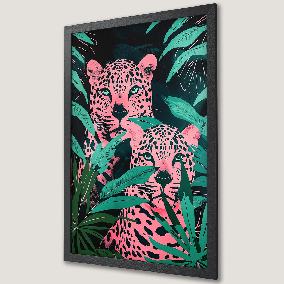 Framed Poster featuring a vibrant pink leopard design with green leaves. Modern art style, bold color palette. Perfect for home decor.