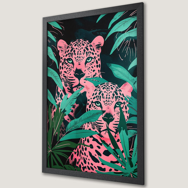 Framed Poster featuring a vibrant pink leopard design with green leaves. Modern art style, bold color palette. Perfect for home decor.