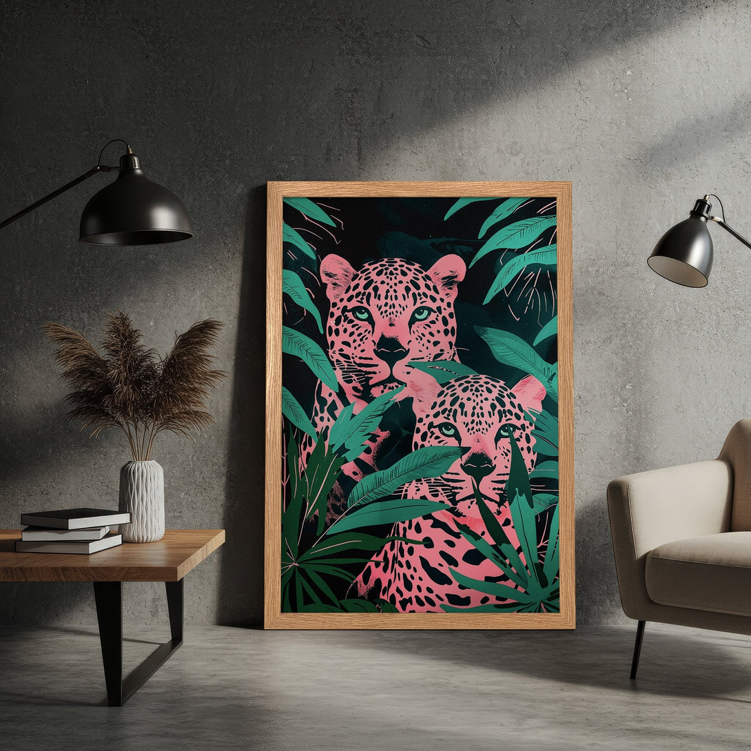 Framed Poster featuring pink leopard art in a jungle style, with a green and black color palette. Perfect for modern decor.