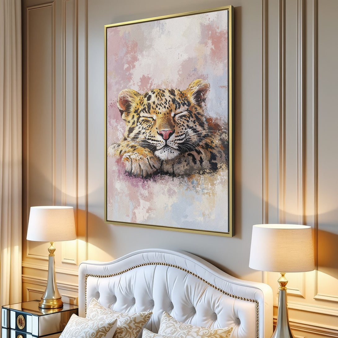 Canvas Print of a sleeping leopard in a soft, painterly style with a pastel pink and neutral color palette, perfect for any room.