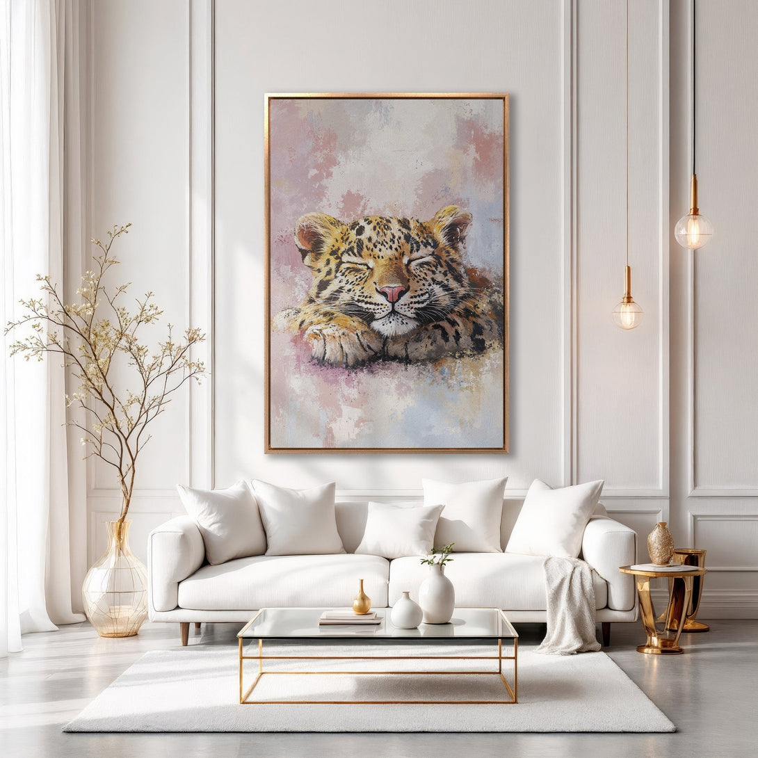 Framed Wall Art featuring a sleeping leopard, painted in a soft, impressionistic style with a warm, neutral color palette. Perfect for home decor!