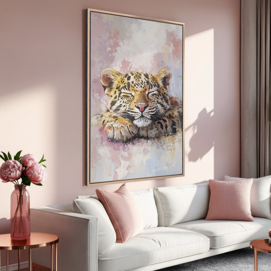 Framed Wall Art: Relaxing leopard painting in soft pink and gold tones. Perfect for adding a touch of elegance to any space!