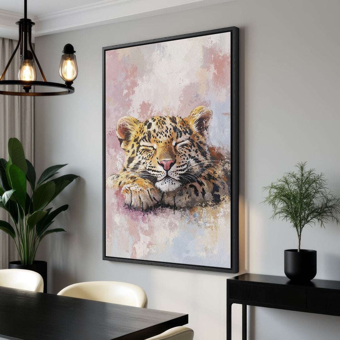 Framed Wall Art: Sleeping leopard canvas print in a modern interior. Pastel pink, beige, and brown color palette. Perfect for adding a touch of nature to your space.