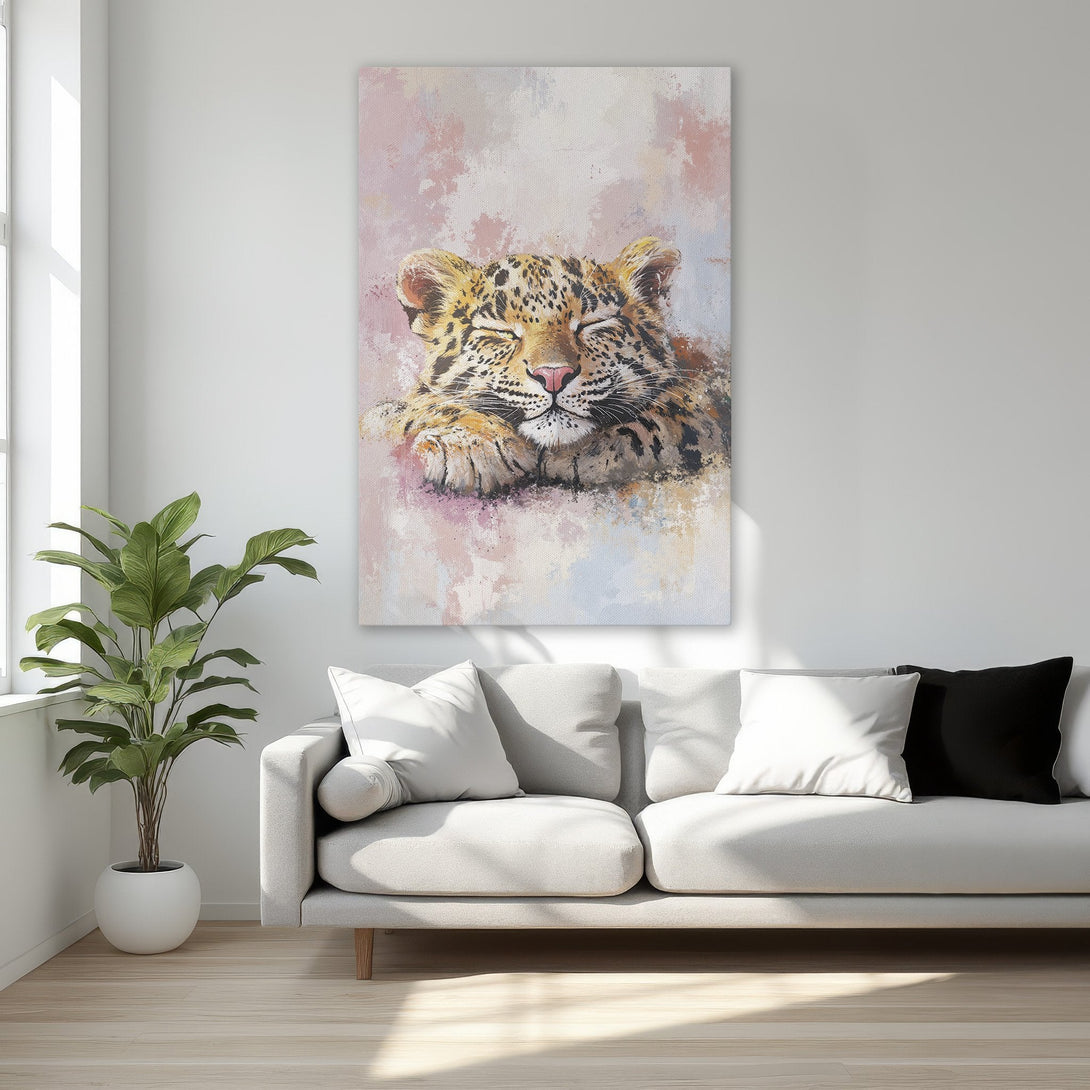 Framed Wall Art: Sleeping leopard canvas print in a dreamy, painterly style. Soft pink & neutral color palette adds a touch of elegance to any space.