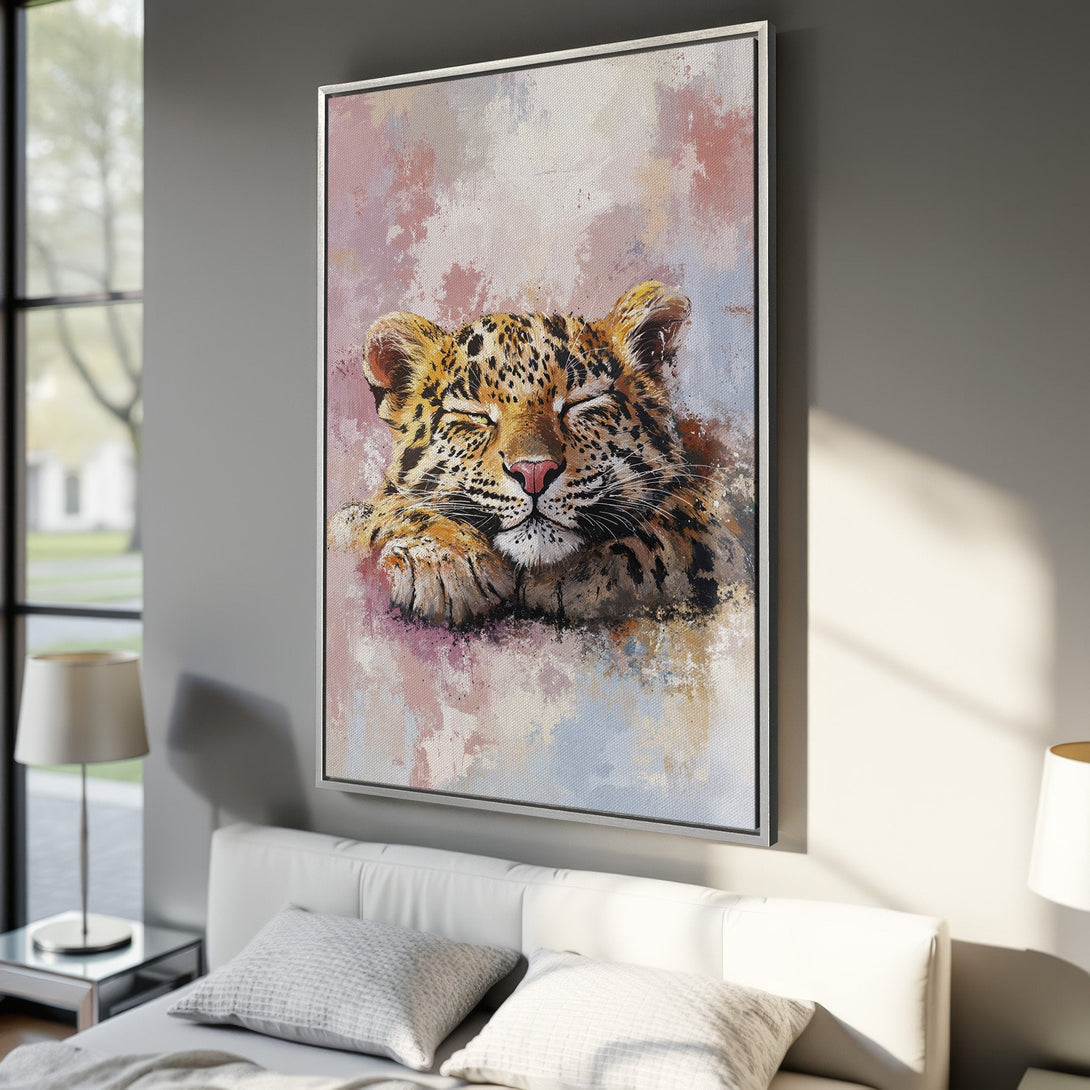 Framed Wall Art: Sleeping leopard canvas print in pastel colors. Modern animal art for bedroom decor. Adds a touch of nature and warmth to any space.
