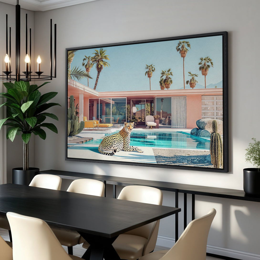 Framed Wall Art: Leopard by the pool, mid-century modern style. Pastel pinks, blues, and greens create a relaxing vibe. Perfect for any home decor.