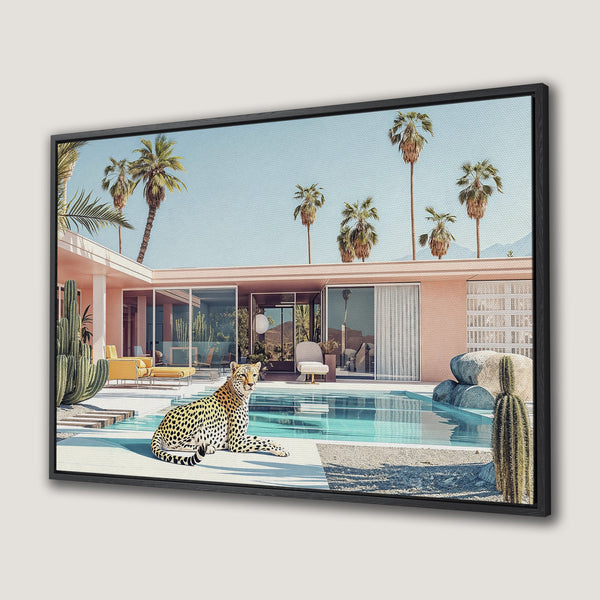 Framed Wall Art: Leopard by a pool in a mid-century modern style, featuring a pink house, palm trees, and a serene blue and pastel palette.