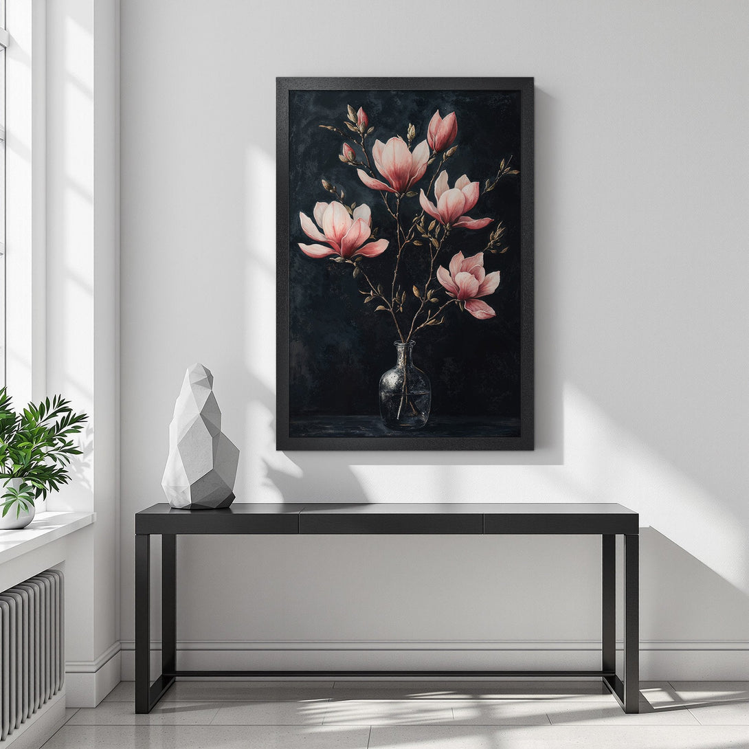 Framed Poster featuring pink magnolia flowers against a dark background. Elegant floral art print with a moody, sophisticated color palette.