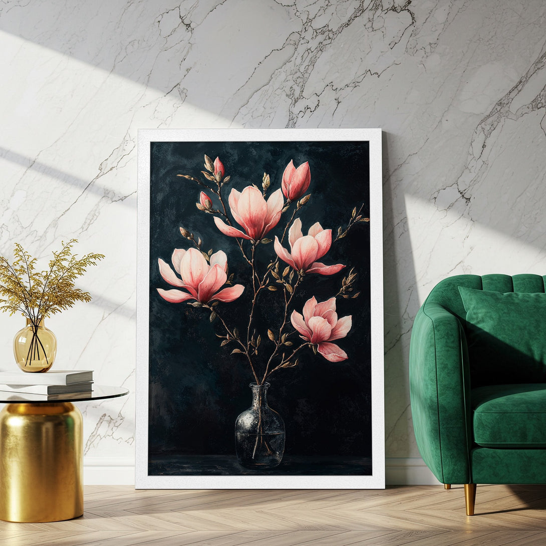 Framed Poster featuring watercolor-style pink magnolia flowers on a dark background. Elegant art print with a moody, sophisticated color palette.