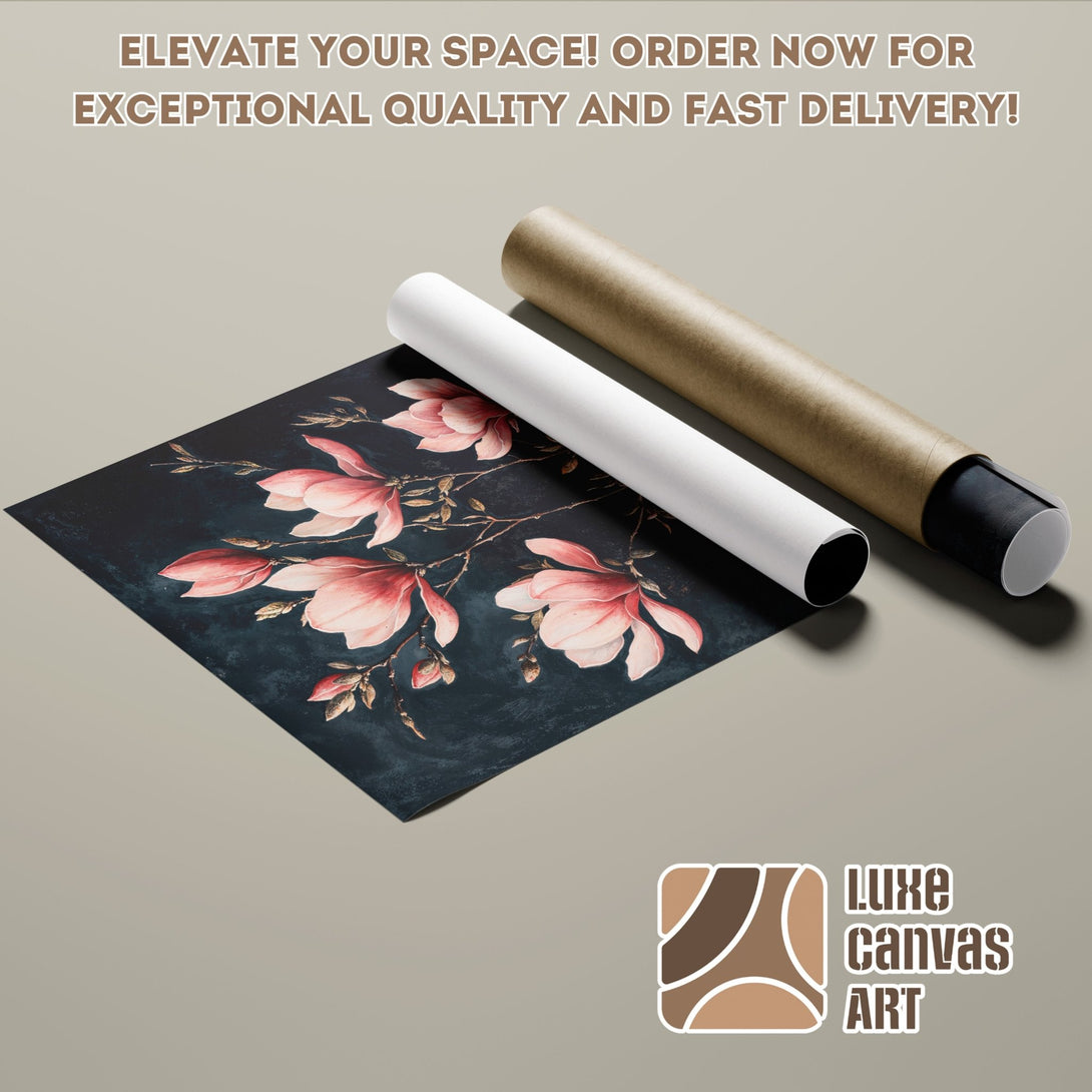 Poster Roll featuring a botanical floral design in a dark, moody style with pink and teal tones. Elevate your space!