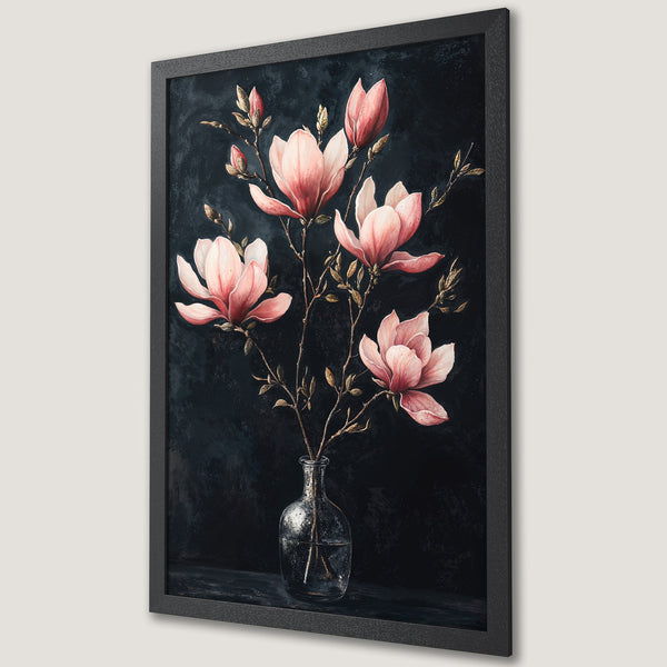Framed Poster featuring watercolor magnolia flowers in a vase, dark moody style with pink and black color palette, perfect wall art.