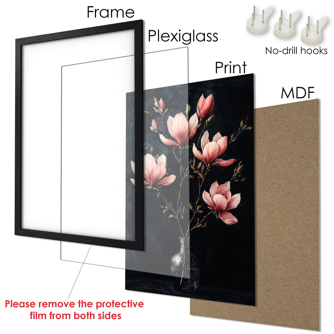 Framed Poster featuring pink floral art on a dark background. Elegant style with a moody color palette. Ready to hang!