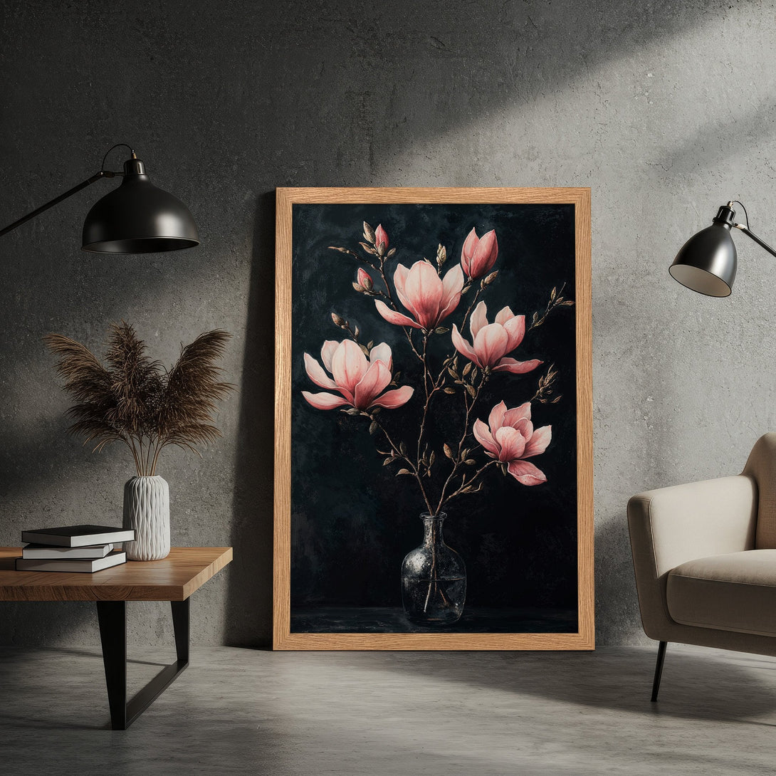 Framed Poster featuring elegant pink magnolia flowers on a dark background. Modern art print with a sophisticated, moody color palette.