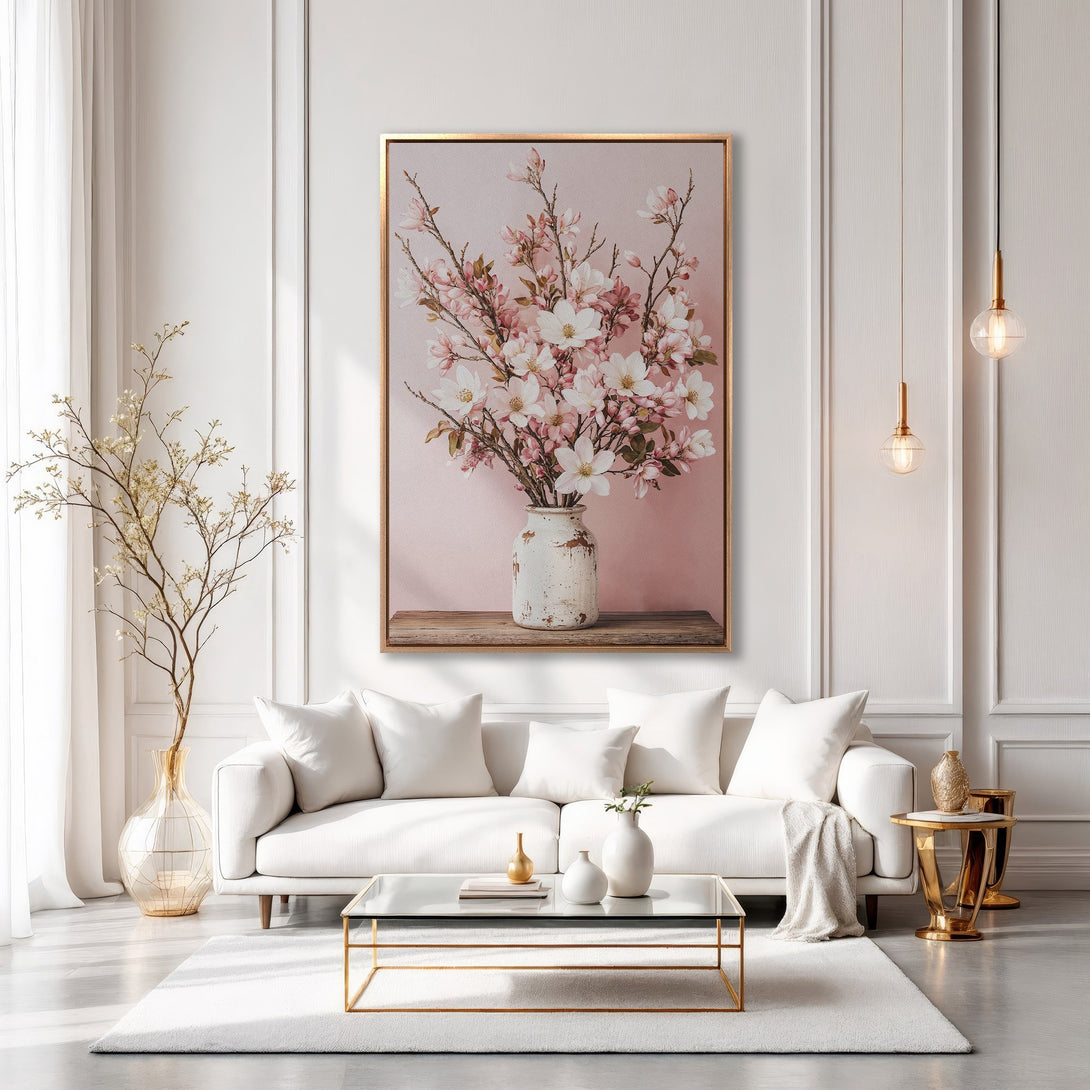Framed Wall Art: Elegant floral Canvas Print in a modern living room. Features a soft pink & white palette, perfect for a stylish home decor upgrade.