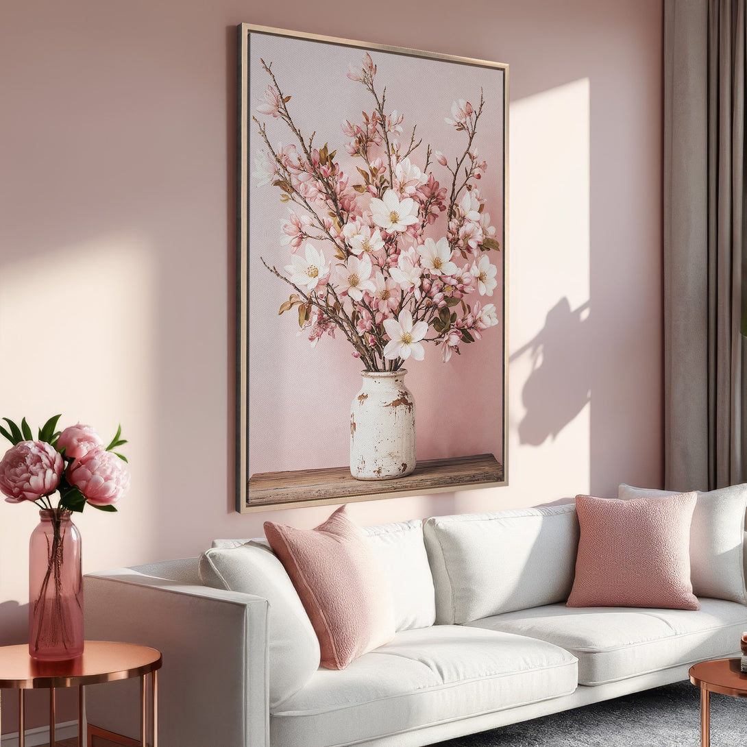 Framed Wall Art featuring a floral bouquet in soft pink hues. Elegant canvas print for a touch of sophistication in any living room.