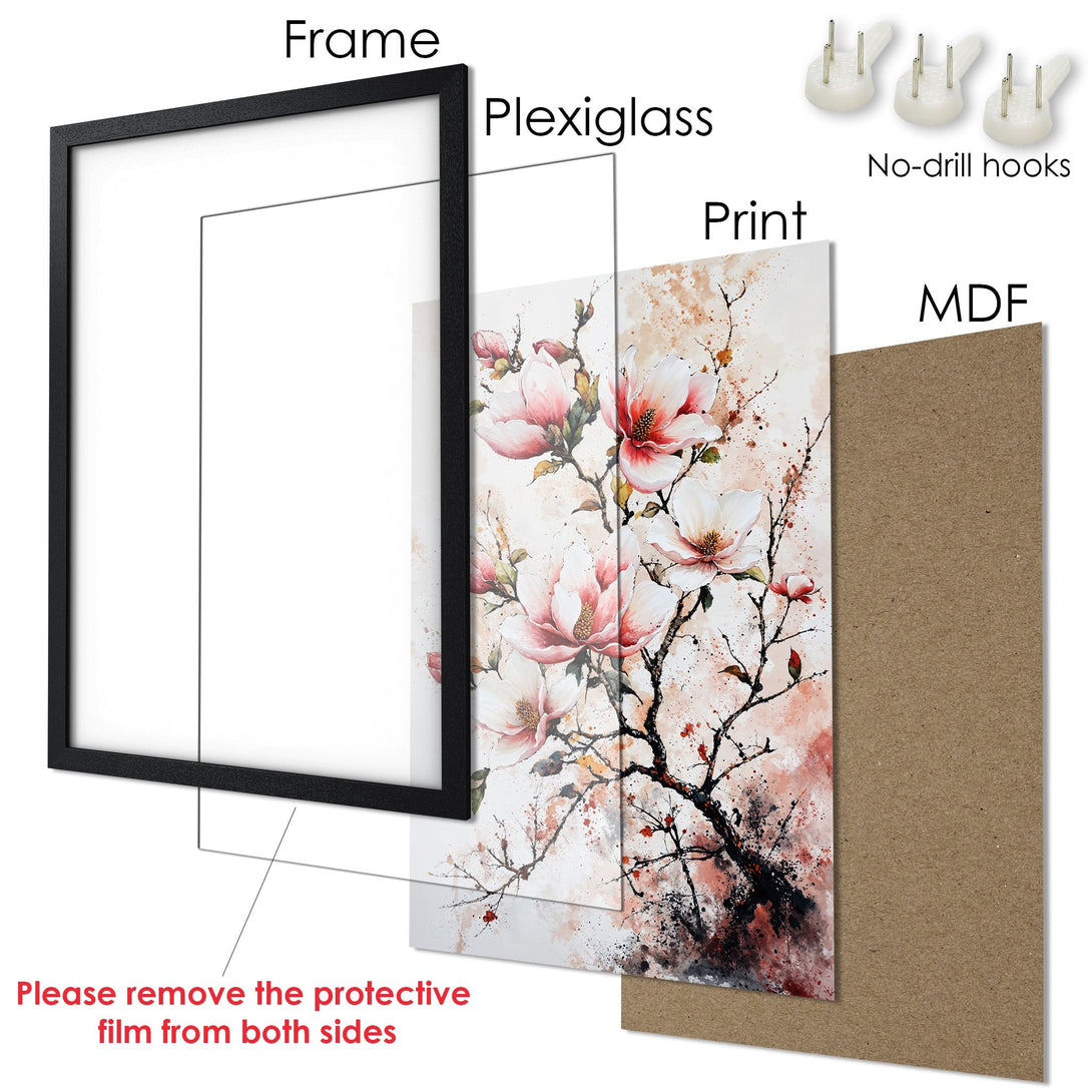 Framed Poster featuring watercolor floral art in pink and beige, perfect wall decor.