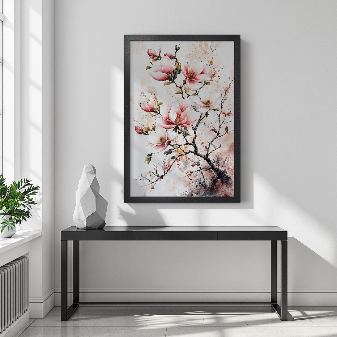Framed Poster featuring watercolor magnolia blossoms in pink and cream, perfect for adding a touch of elegance to your home decor.